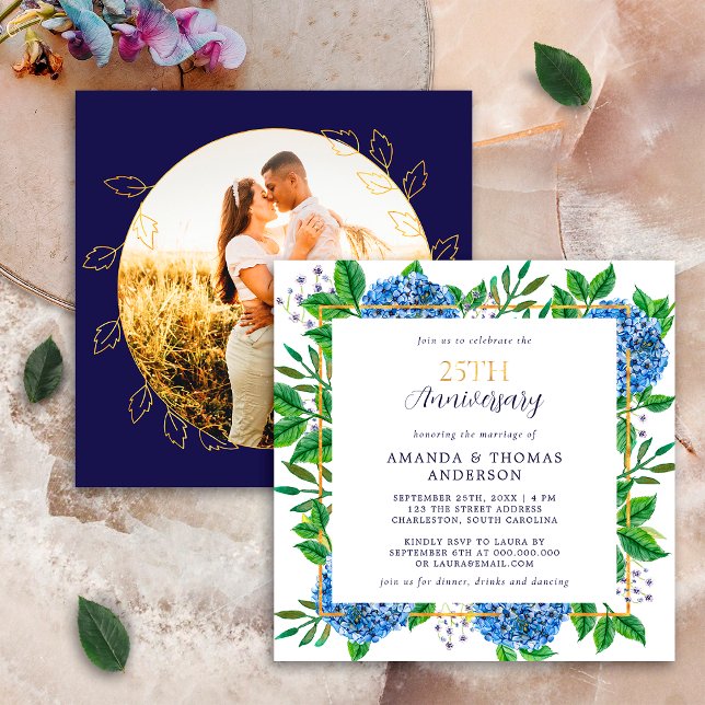 Invitación Hydrangea Azul dorada Aniversario de la foto del 2 (Subido por el creador)