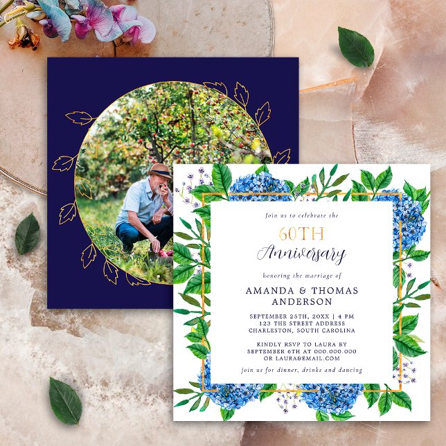 Invitación Hydrangea Azul dorada Aniversario de la foto del B (Subido por el creador)