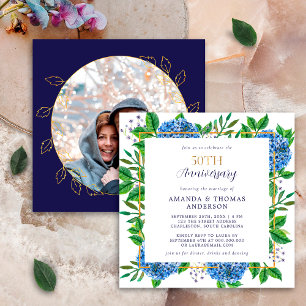 Invitación Hydrangea Azul dorada Foto 50 aniversario Boda
