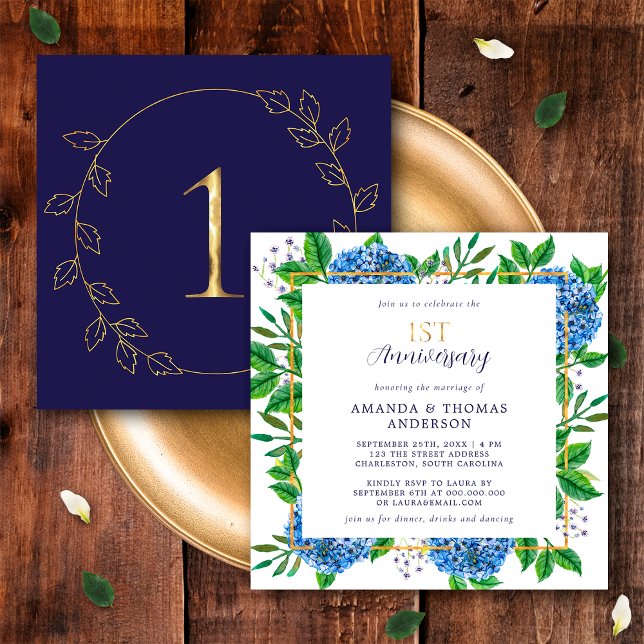 Invitación Hydrangea azul dorado 1er aniversario Boda (Front / Back)