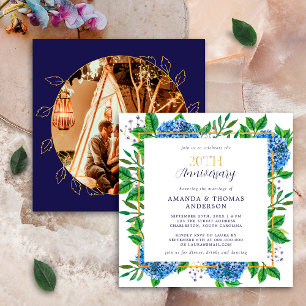 Invitación Hydrangea azul dorado 20° aniversario de foto Boda