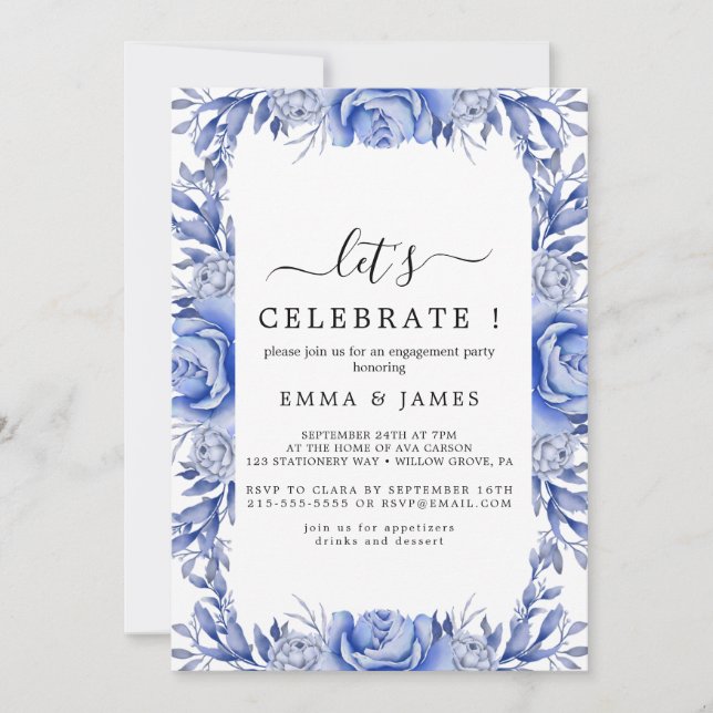 Invitación Hydrangea Azul Elegante | Blanco "Celebremos" I (Anverso)