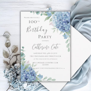 Invitación Hydrangea Azul Floral Elegante Cumpleaños 100