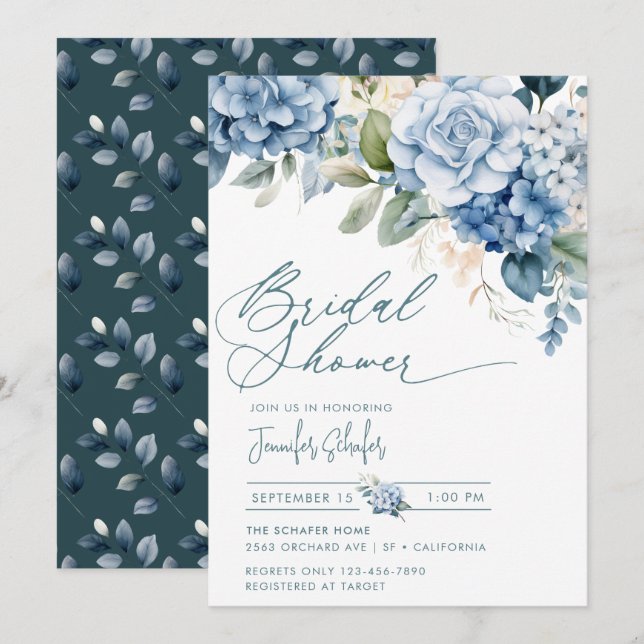 Invitación Hydrangea azul | Flores dejan ducha de novia (Anverso / Reverso)