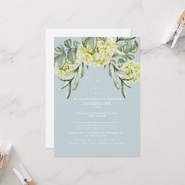 Invitación Hydrangea Azul Polvoriento Elegante Desayuno Nupci (Anverso/Reverso In Situ)