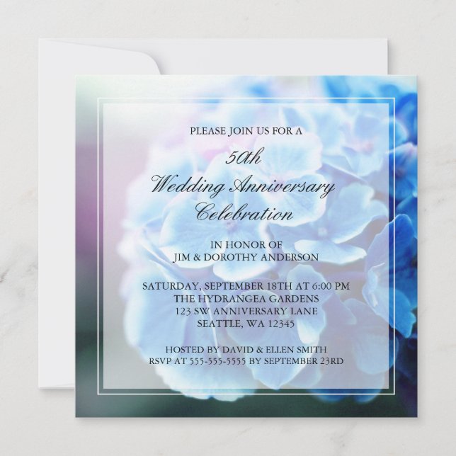 Invitación Hydrangea Azul Púrpura 50 Aniversario de Boda (Anverso)