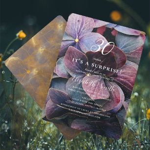 Invitación Hydrangea azul púrpura dorada Sorpresa 30 cumpleañ
