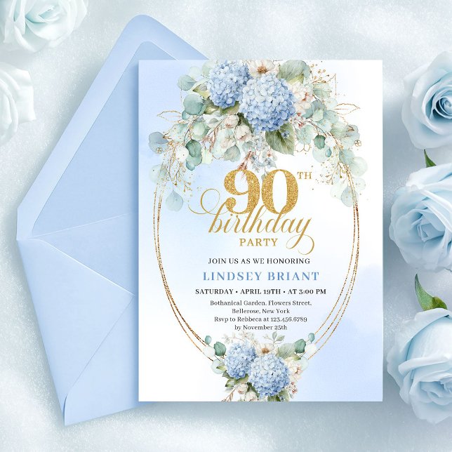 Invitación Hydrangea Azul Romántica con Marco Dorado para 90  (Romantic Blue Hydrangea Gold Frame 90th Birthday)