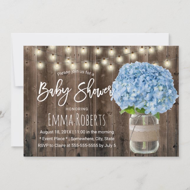 Invitación Hydrangea Azul Rústico Floral Jar Wood Baby Shower (Anverso)