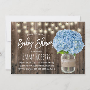 Invitación Hydrangea Azul Rústico Floral Jar Wood Baby Shower