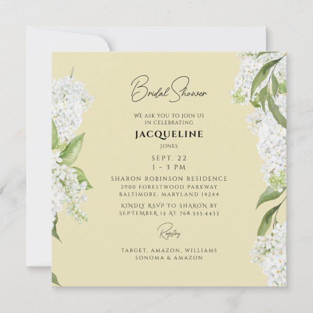 Invitación Hydrangea Blanca Amarilla Ducha cuadrada de novias (Anverso)