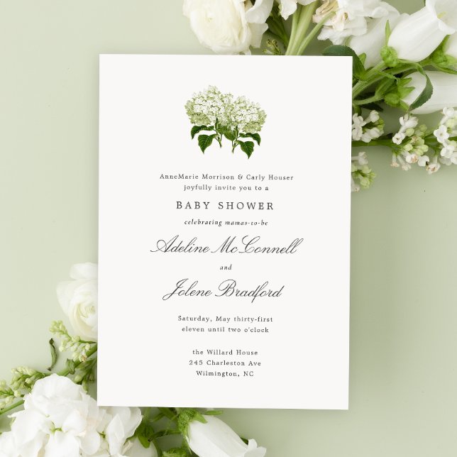 Invitación Hydrangea blanca Doble Baby Shower (double mama baby shower with green and white hydrangea flowers and elegant grand millennial text)