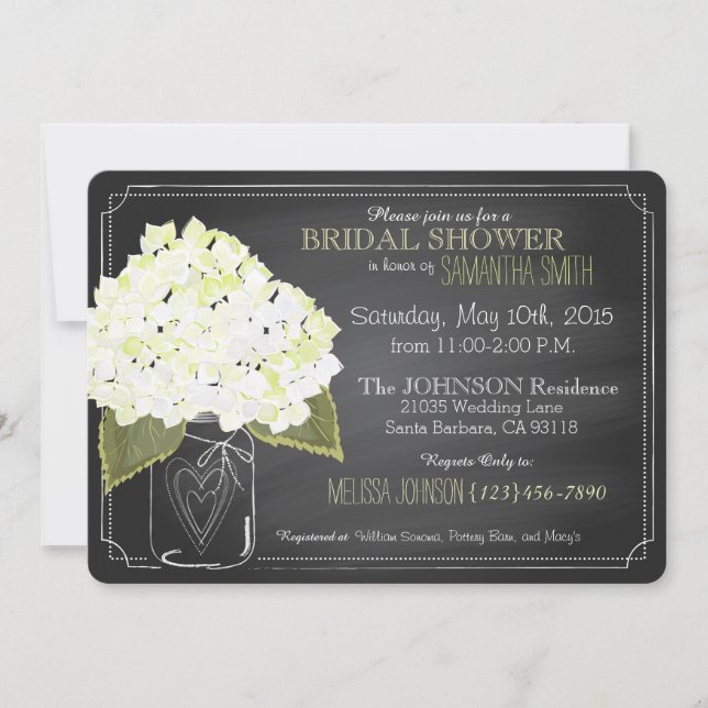 Invitación Hydrangea blanca Jar Chalkboard Bridal Shower (Anverso)