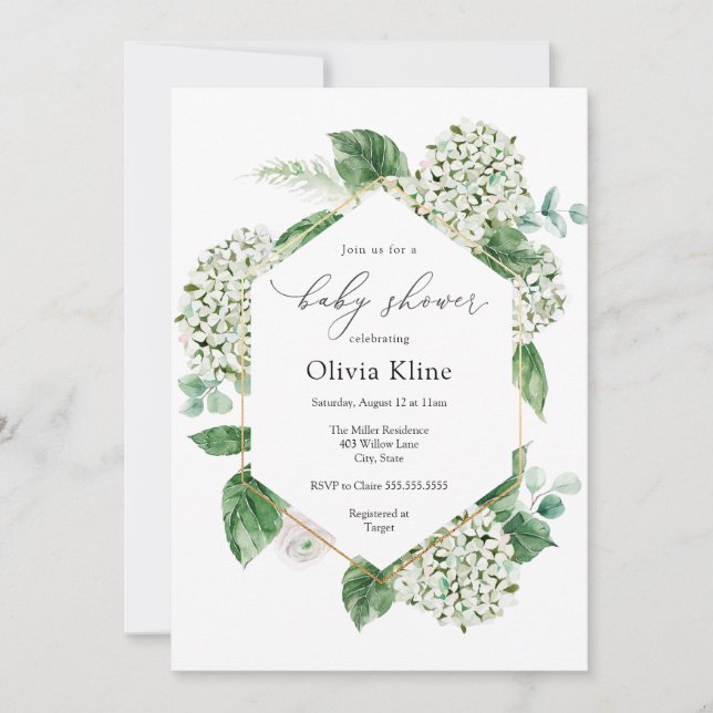 Invitación Hydrangea Blossoms y Greeneration Baby Shower (Anverso)