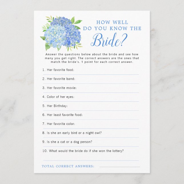 Invitación Hydrangea Blue Floral Bridal Shower Game (Anverso)