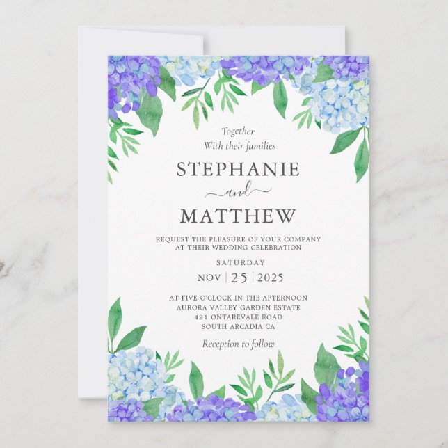 Invitación Hydrangea Blue Púrpura Acuarela Boda Botánico (Anverso)