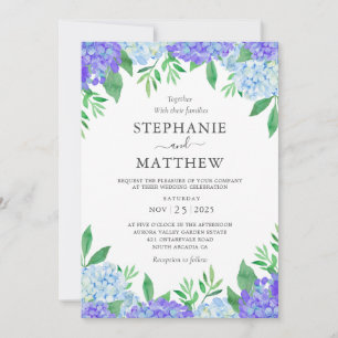 Invitación Hydrangea Blue Púrpura Acuarela Boda Botánico