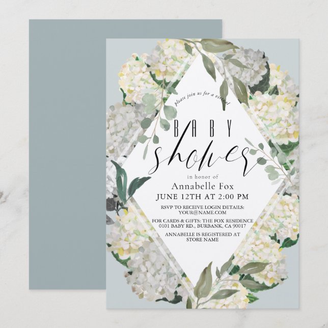 Invitación Hydrangea Blue Rhonbus Virtual Baby Shower (Anverso / Reverso)