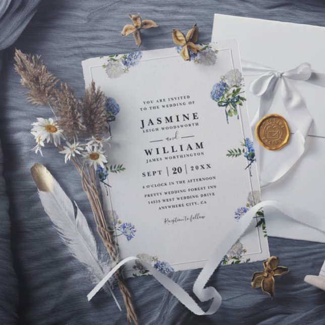 Invitación Hydrangea Bouquet Blue Elegant QR Code Wedding (Subido por el creador)