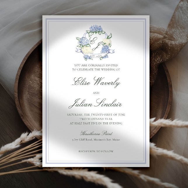 Invitación Hydrangea Crest Formal Blue Frame Coastal Wedding (hydrangea wedding invitation coastal cottagecore romantic garden formal elegant crest)