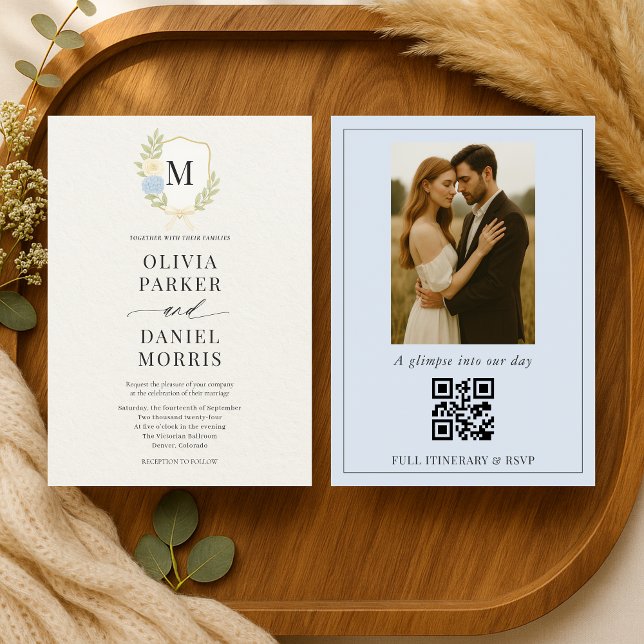 Invitación Hydrangea Crest Monogram Photo QR Code Wedding (Subido por el creador)