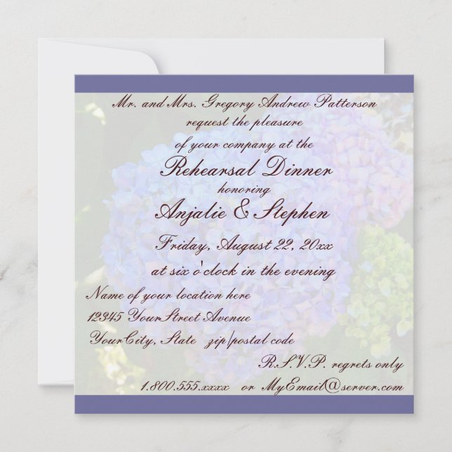 Invitación Hydrangea del azul de la cena del ensayo (Anverso)
