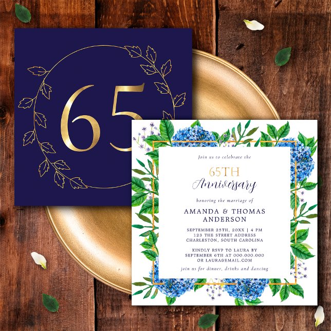 Invitación Hydrangea Dorada y Azul 65 Aniversario de Boda (Front / Back)