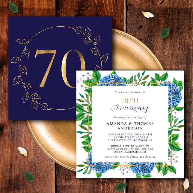 Invitación Hydrangea Dorada y Azul 70 Aniversario de Boda (Front / Back)