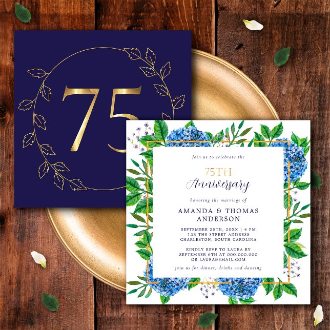 Invitación Hydrangea Dorada y Azul 75 Aniversario de Boda (Front / Back)