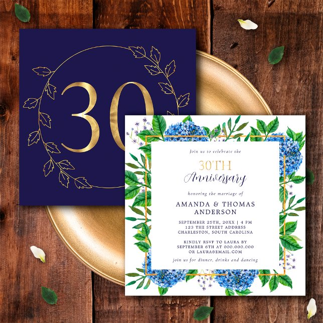 Invitación Hydrangea Dorada y Azul Aniversario de Bodas númer (Front / Back)