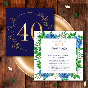 Invitación Hydrangea Dorada y Azul Aniversario de Bodas númer