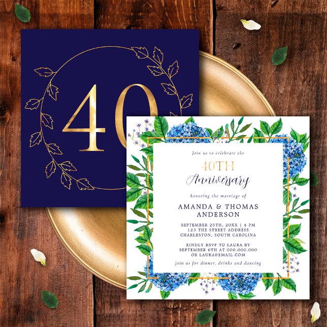 Invitación Hydrangea Dorada y Azul Aniversario de Bodas númer (Front / Back)