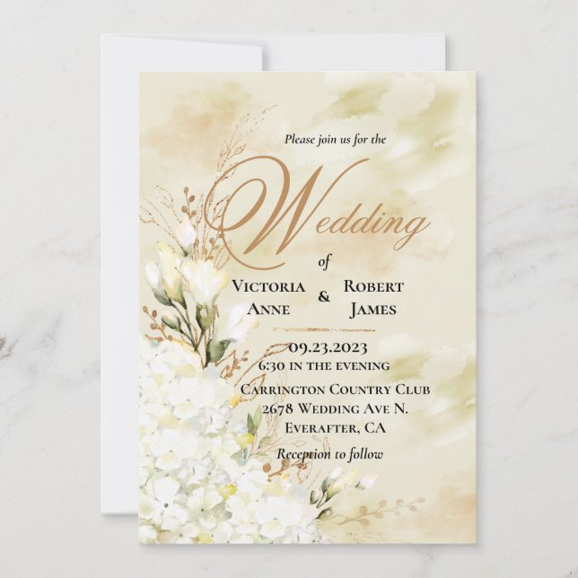 Invitación Hydrangea Elegante Boda Floral de Oro Blanco   (Anverso)