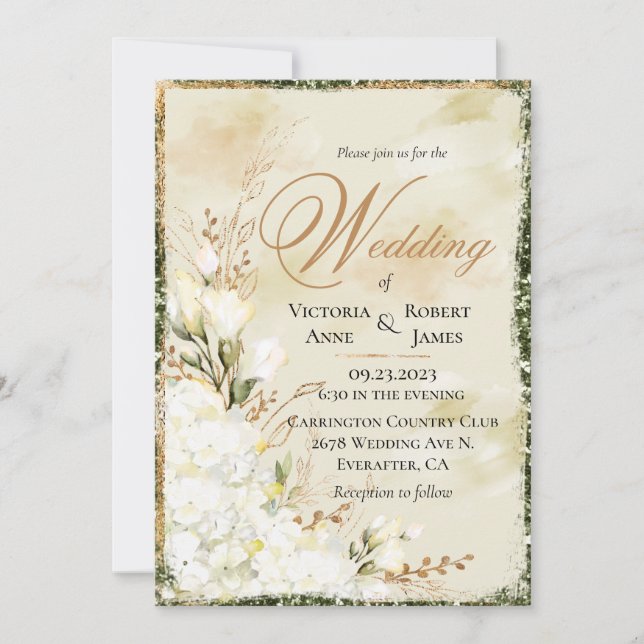 Invitación Hydrangea Elegante Boda Floral Verde Oro Blanco (Anverso)