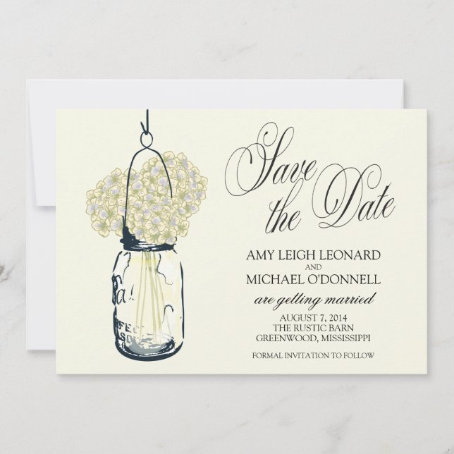Invitación Hydrangea en frasco de Mason rústico Save the Date (Anverso)