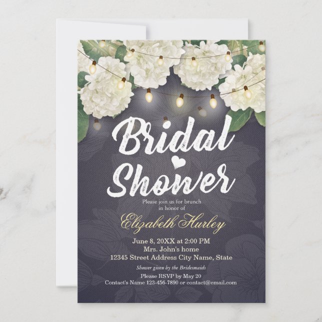 Invitación Hydrangea Flores String Luces Blue Bridal Shower (Anverso)
