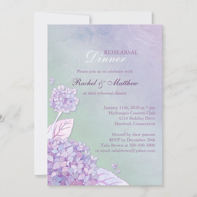 Invitación Hydrangea Jardín Ensayo de Boda Cena (Anverso)