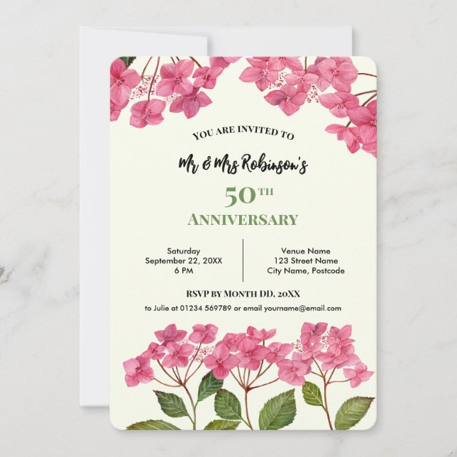 Invitación Hydrangea Lacecap de acuarela rosa por aniversario (Anverso)