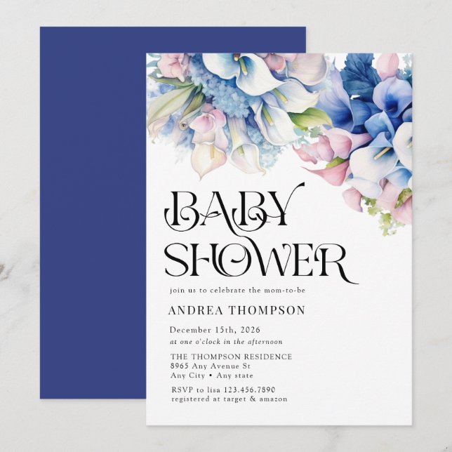 Invitación Hydrangea | Lilies Floral | Baby Shower acuarela (Anverso / Reverso)