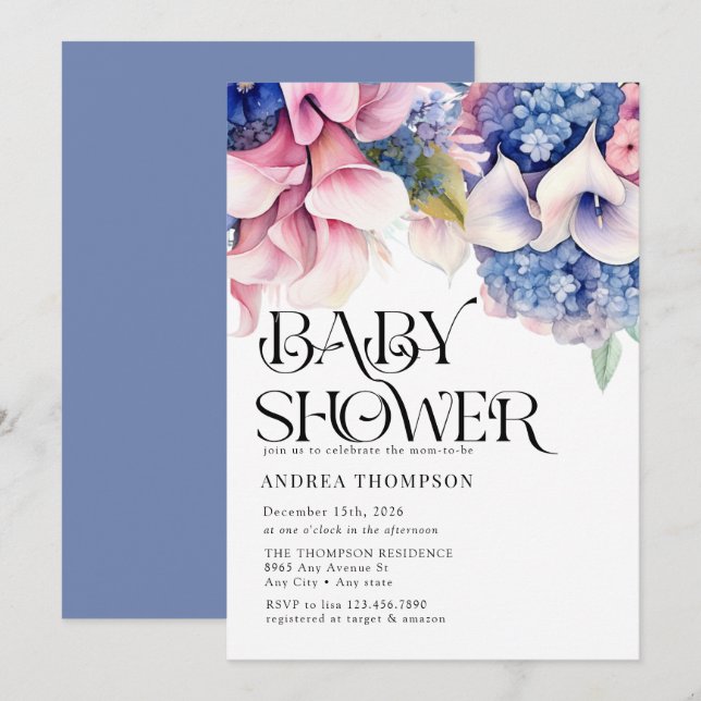 Invitación Hydrangea | Lilies Floral | Baby Shower acuarela (Anverso / Reverso)