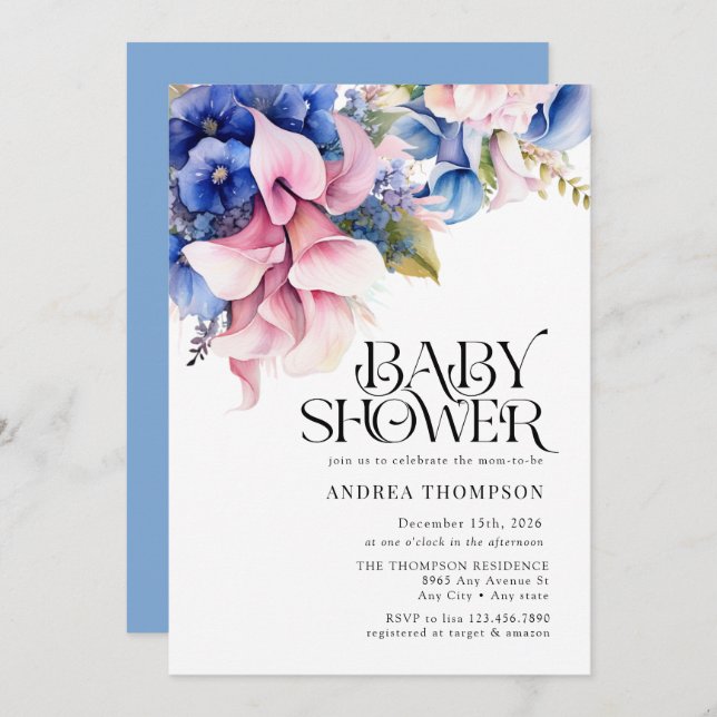 Invitación Hydrangea | Lilies Floral | Baby Shower acuarela (Anverso / Reverso)