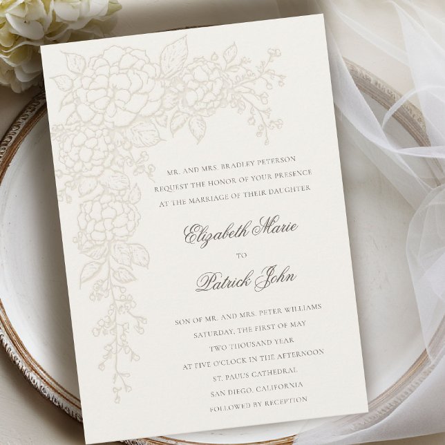 Invitación Hydrangea Luminoso Ecru 2 Boda Clásica Formal (hydrangea wedding invitation formal traditional modern classic art sketch parents host ecru 2)