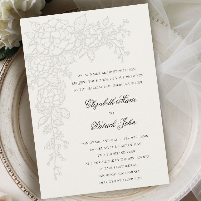 Invitación Hydrangea Luminoso Ecru Formal Clásico Boda (hydrangea wedding invitation formal traditional modern classic art sketch parents host ecru)