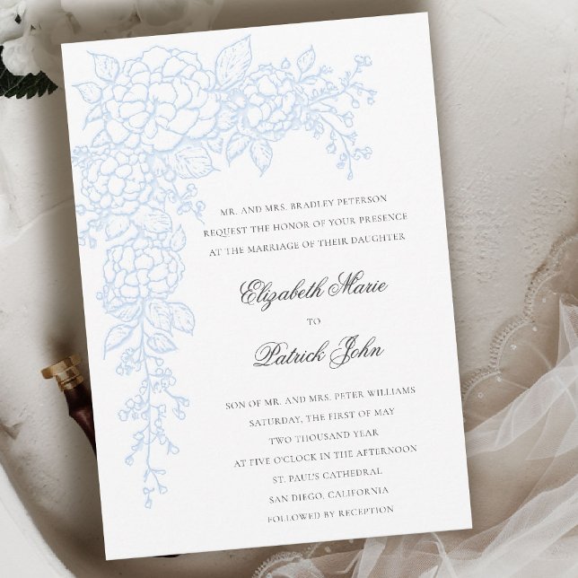Invitación Hydrangea Luminous Blue Formal Classic Wedding (hydrangea wedding invitation formal traditional modern classic art sketch parents host blue)