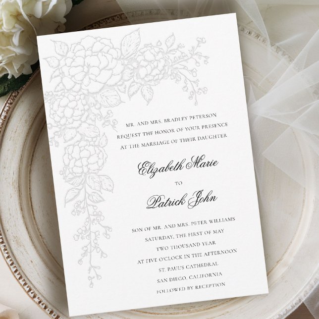Invitación Hydrangea Luminous White Formal Classic Wedding (hydrangea wedding invitation formal traditional modern classic art sketch black white parents host)