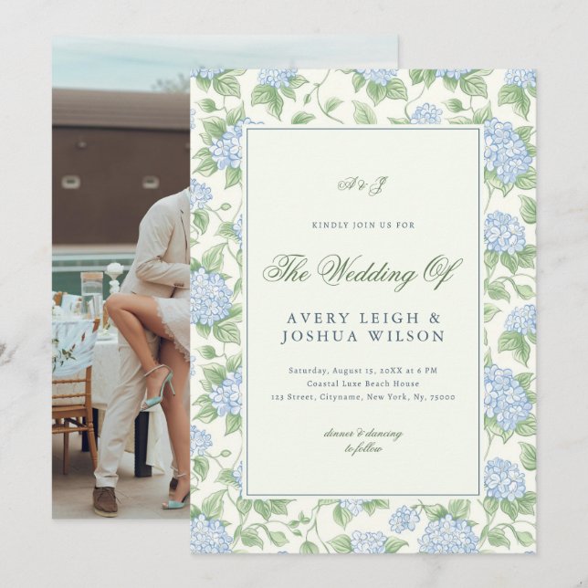 Invitación Hydrangea Monograma Jardín Boda Verde Azul Sage (Anverso / Reverso)