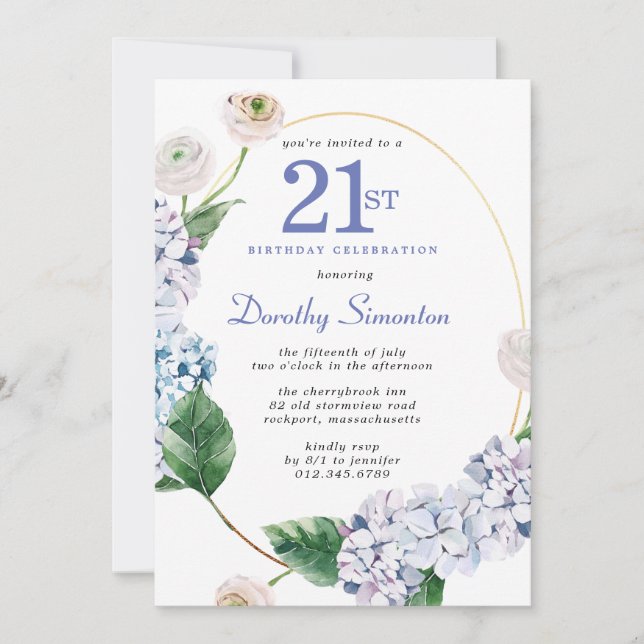 Invitación Hydrangea Rosa 21ª Fiesta de cumpleaños (Anverso)