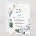 Invitación Hydrangea Rosa 21ª Fiesta de cumpleaños<br><div class="desc">Flores de hortensias azules y rosas de flores ruidosos decoran un marco oval dorado. Un botánico moderno abierto y aireado.</div>