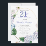 Invitación Hydrangea Rosa 21ª Fiesta de cumpleaños<br><div class="desc">Flores de hortensias azules y rosas de flores ruidosos decoran un marco oval dorado. Un botánico moderno abierto y aireado.</div>