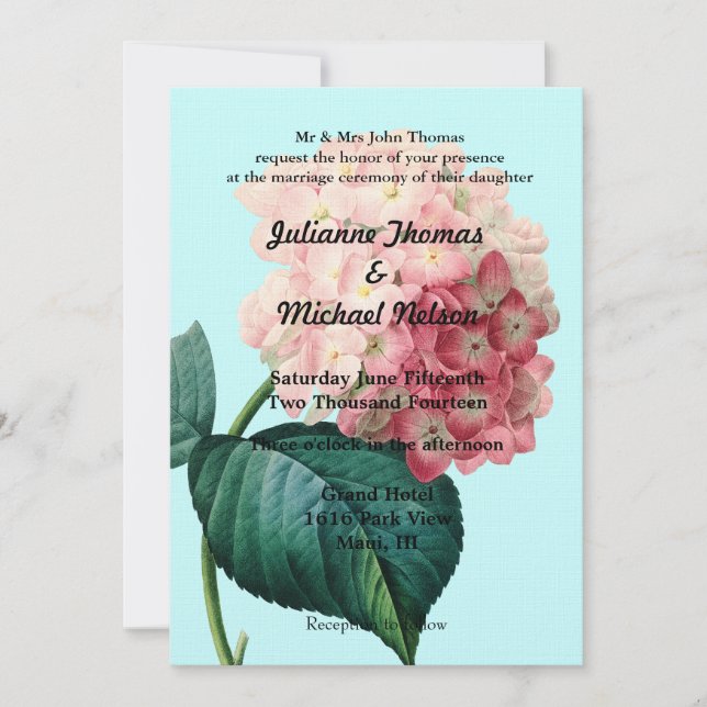 Invitación Hydrangea rosa de la cosecha (Anverso)